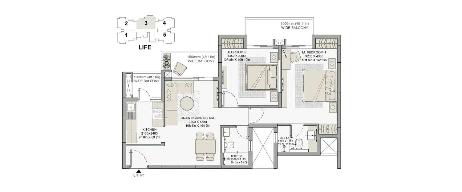 Floor plan for 2 BHK