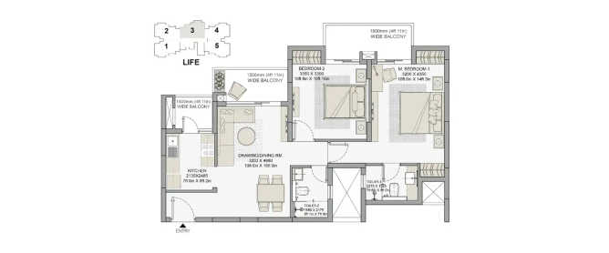 Eldeco Live By The Greens Sector 150 - Floor plan 2 BHK 1155 Sq.ft