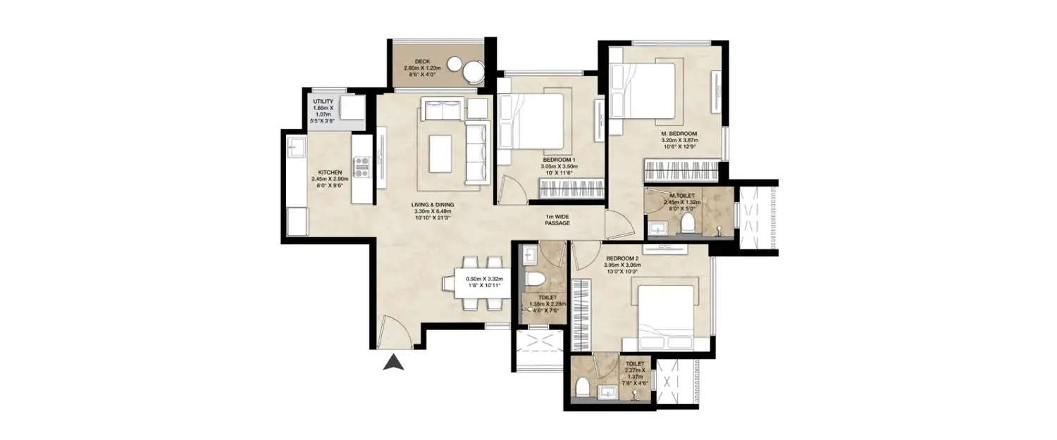 Floor plan for 3 BHK