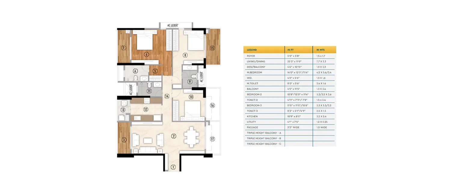 Floor plan for 3 BHK