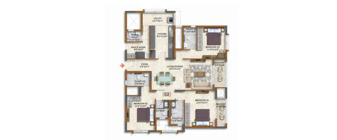 Prestige Waterford Whitefield - Floor plan 3 BHK 1382 Sq.ft