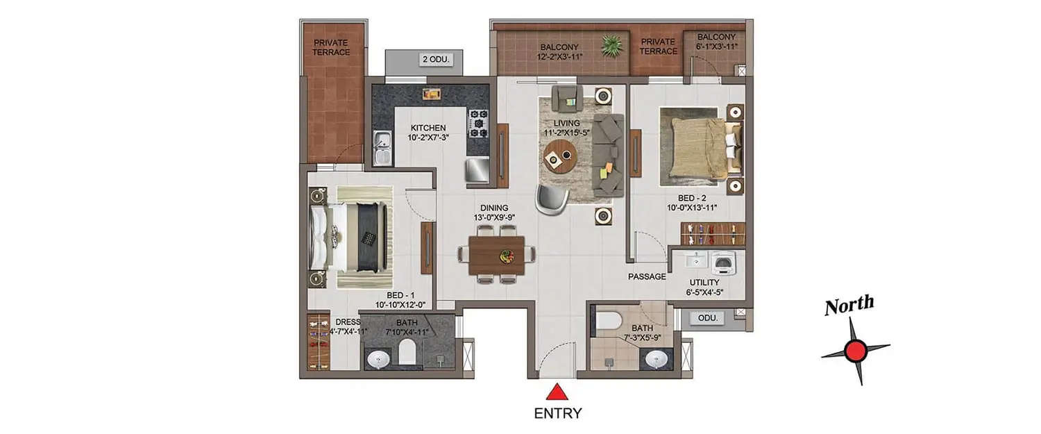 Floor plan for 2 BHK
