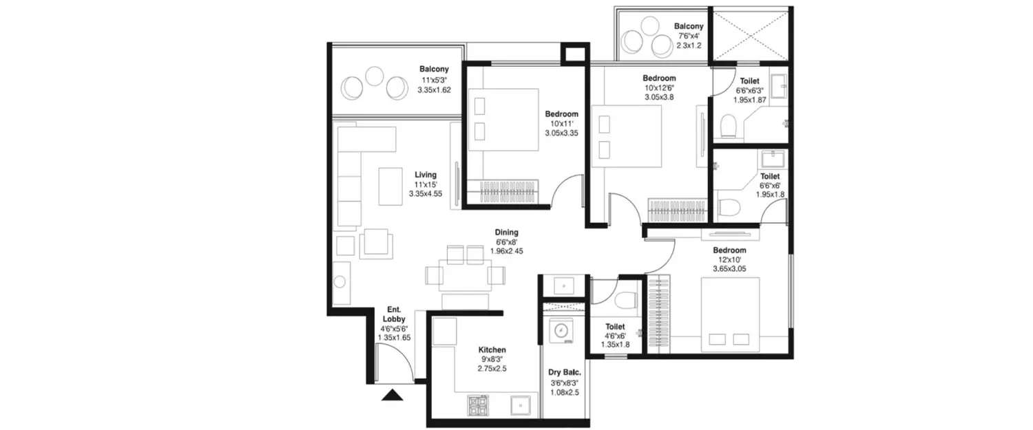 Floor plan for 3 BHK
