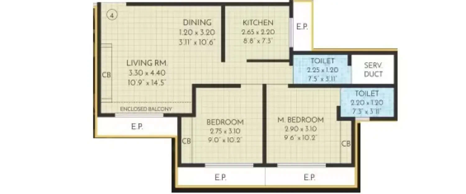 Floor plan for 2 BHK