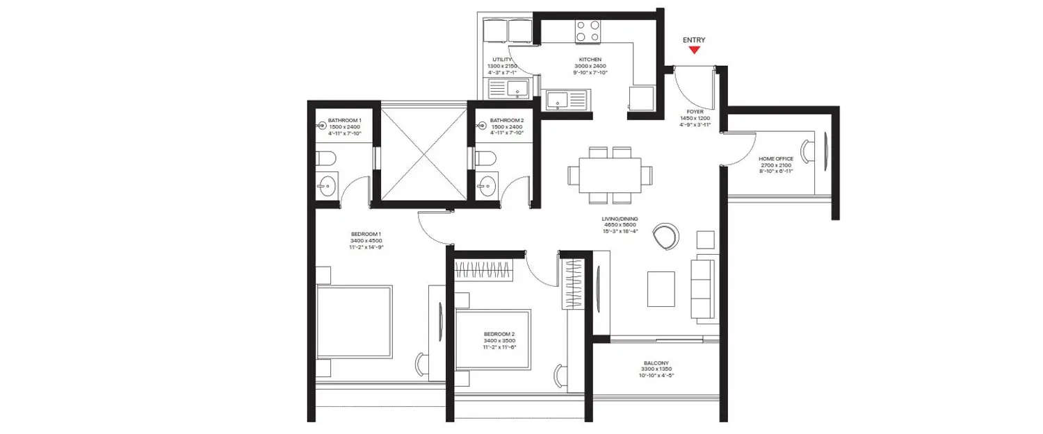 Floor plan for 2 BHK