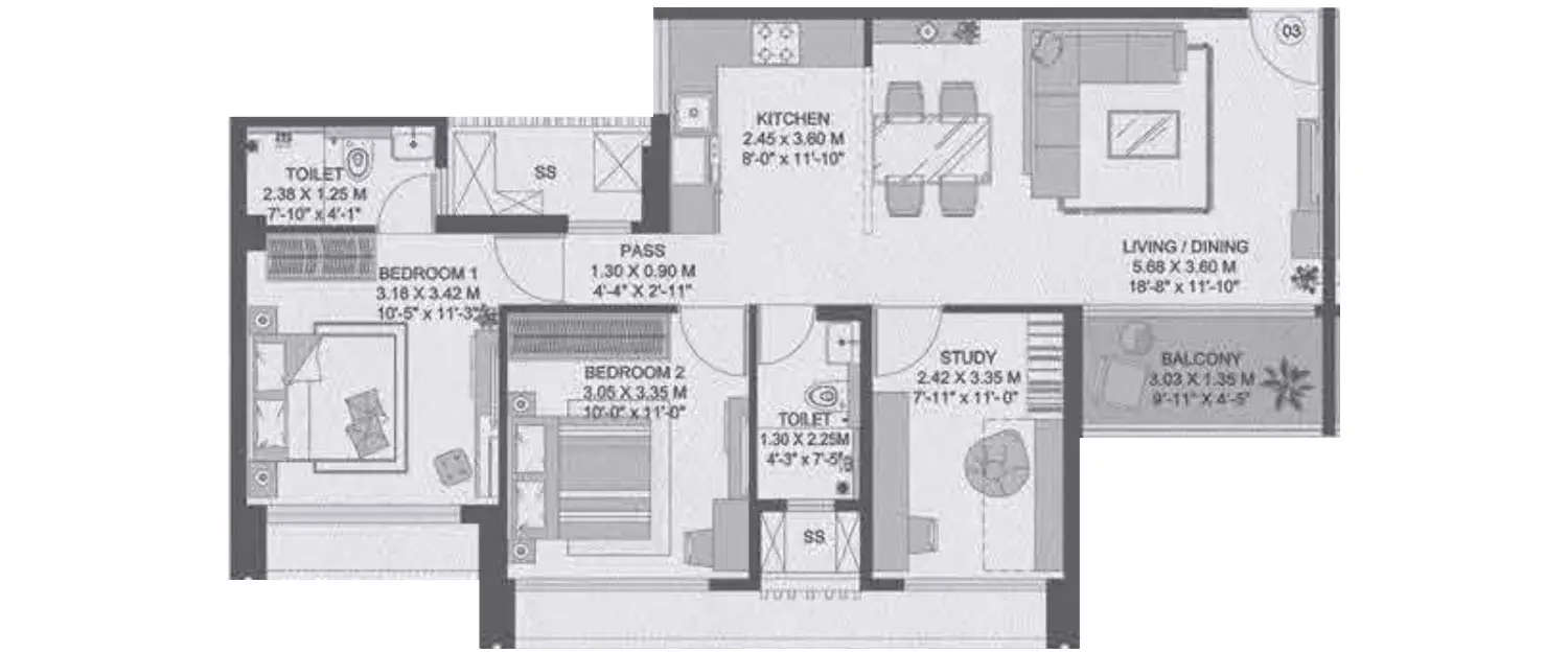 Floor plan for 2.5 BHK