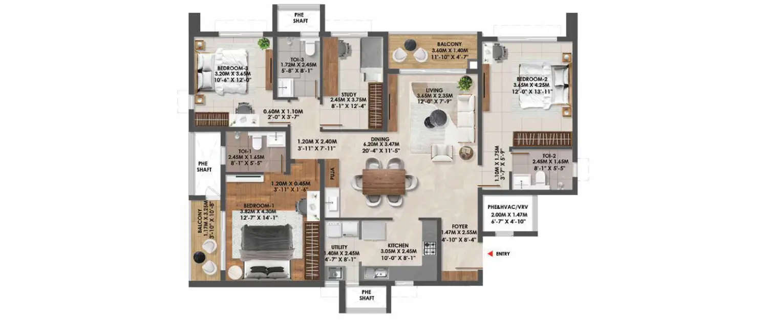 Floor plan for 3 BHK