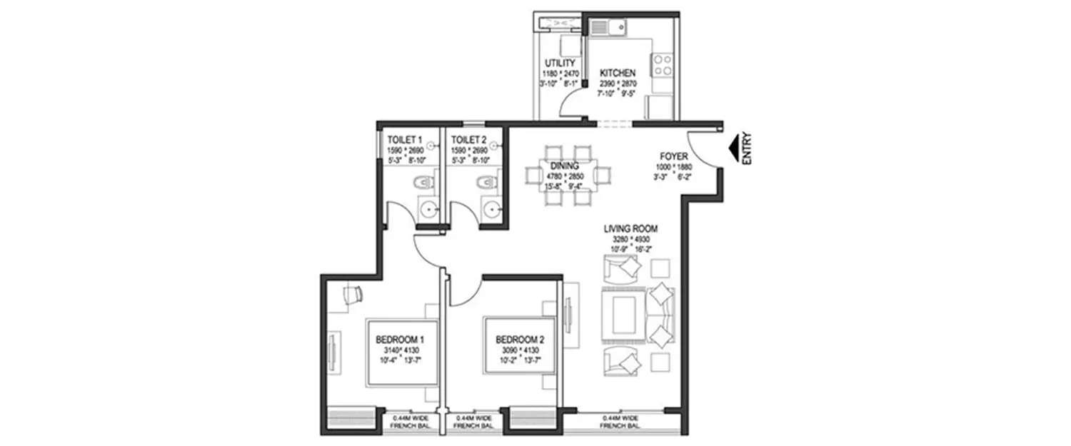 Floor plan for 2 BHK