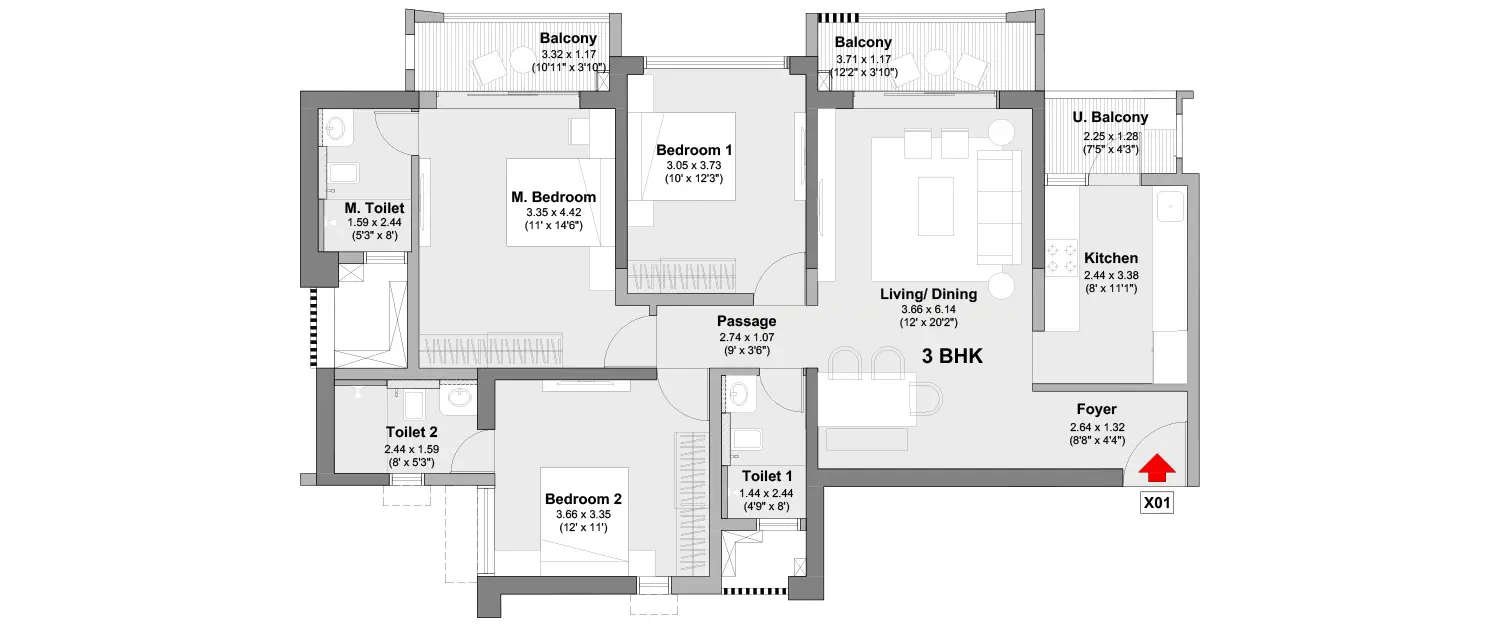 Floor plan for 3 BHK
