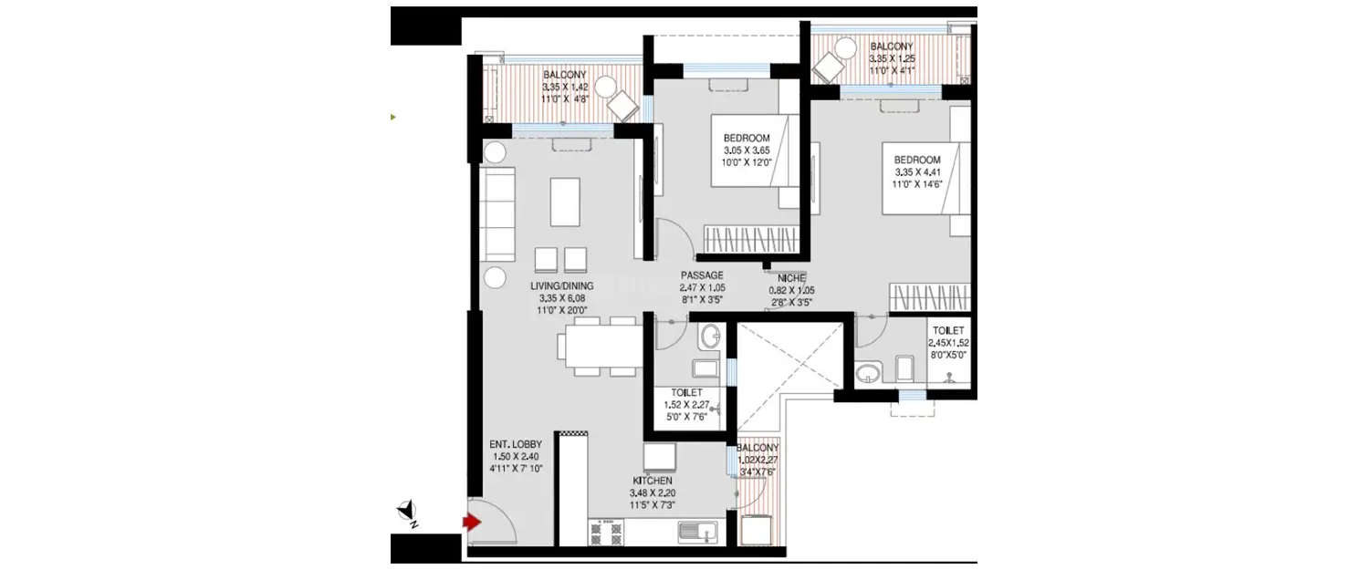 Floor plan for 2 BHK