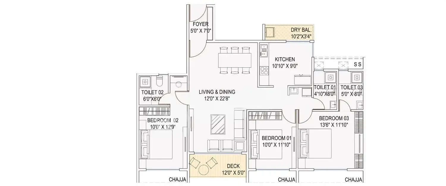 Floor plan for 3 BHK