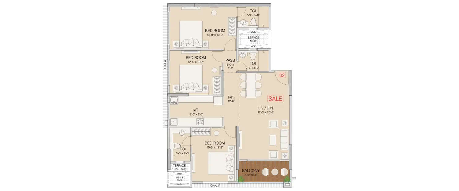 Floor plan for 3 BHK