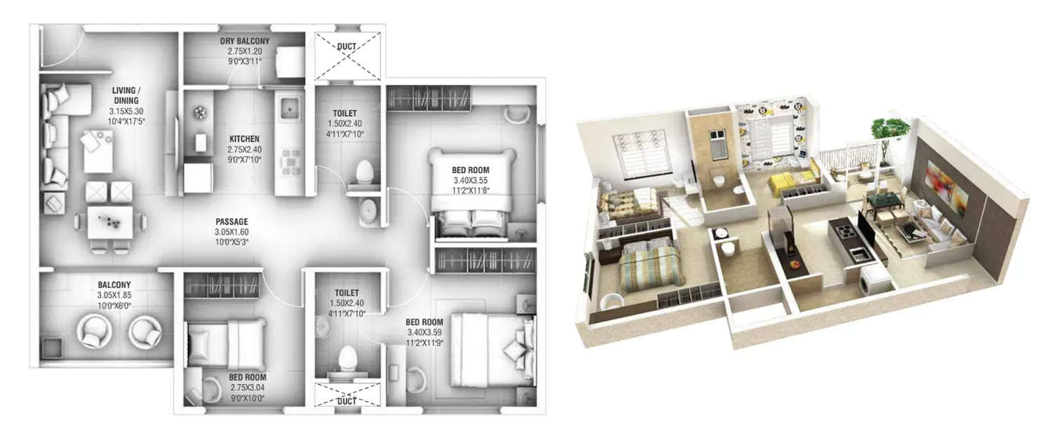 Floor plan for 3 BHK