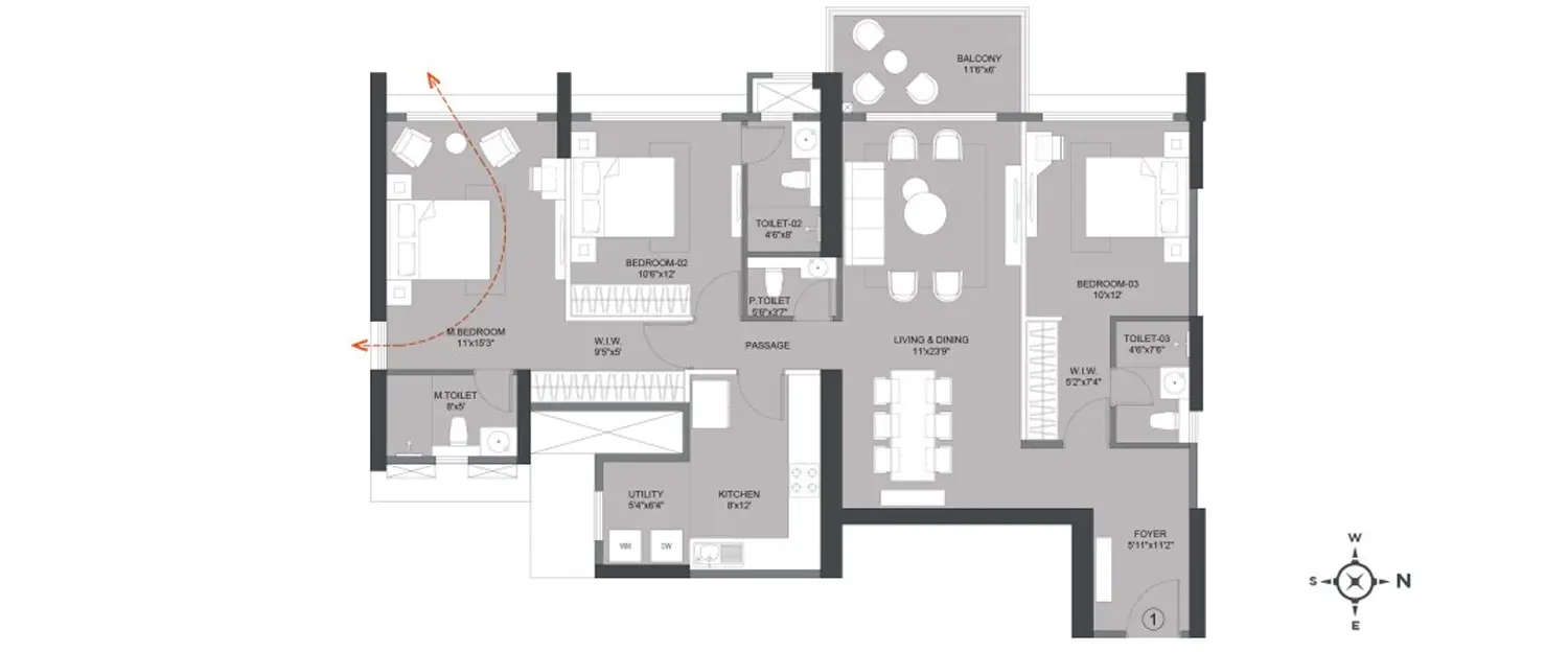Floor plan for 3 BHK