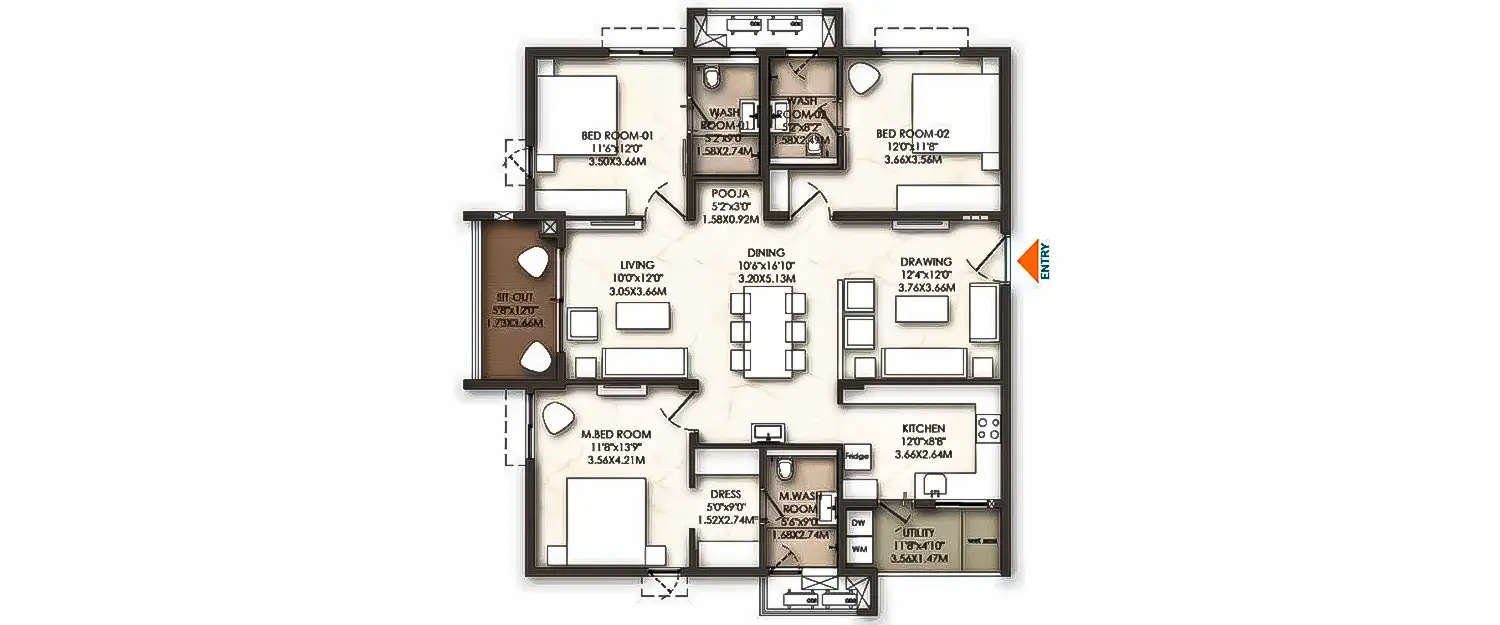 Floor plan for 3 BHK