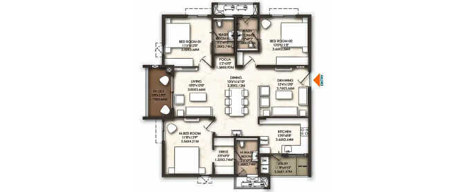 Brigade Enclave Moti Nagar - Floor plan 3 BHK 2016 Sq.ft