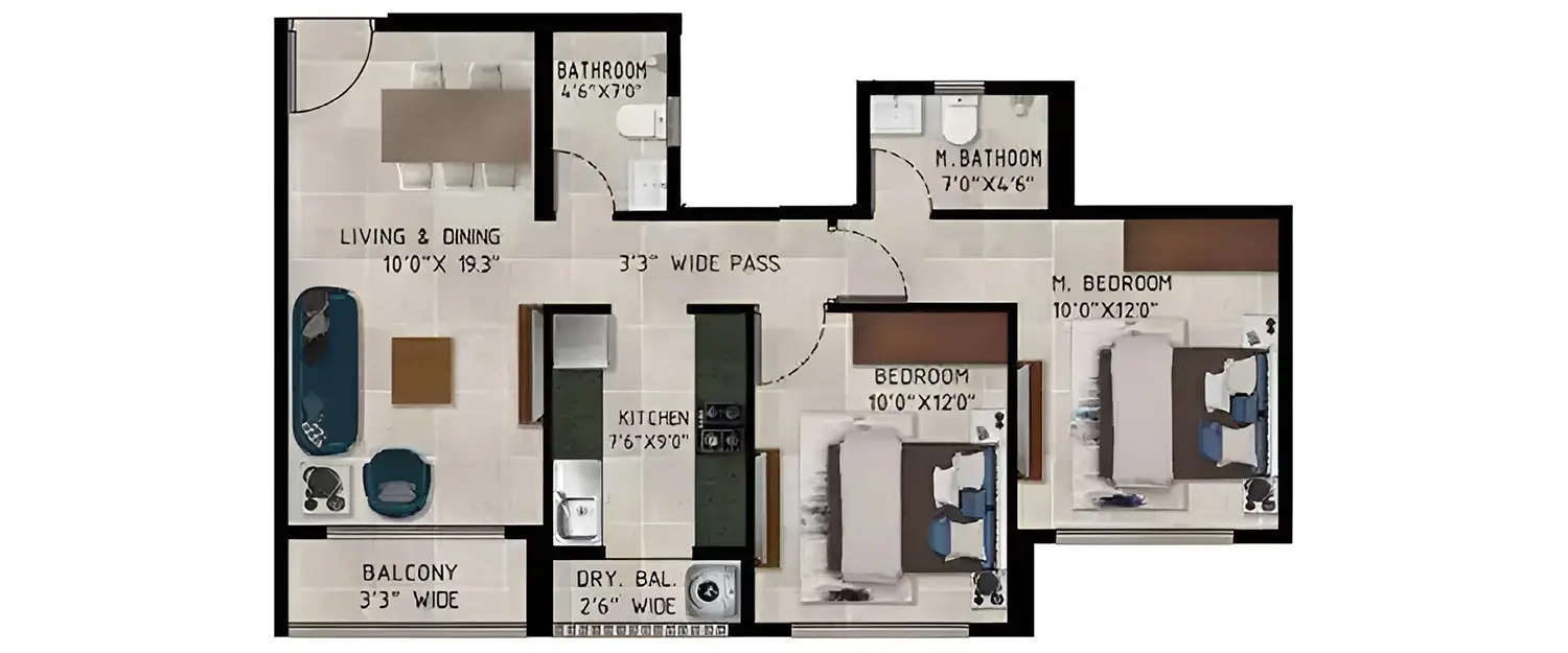 Floor plan for 2 BHK