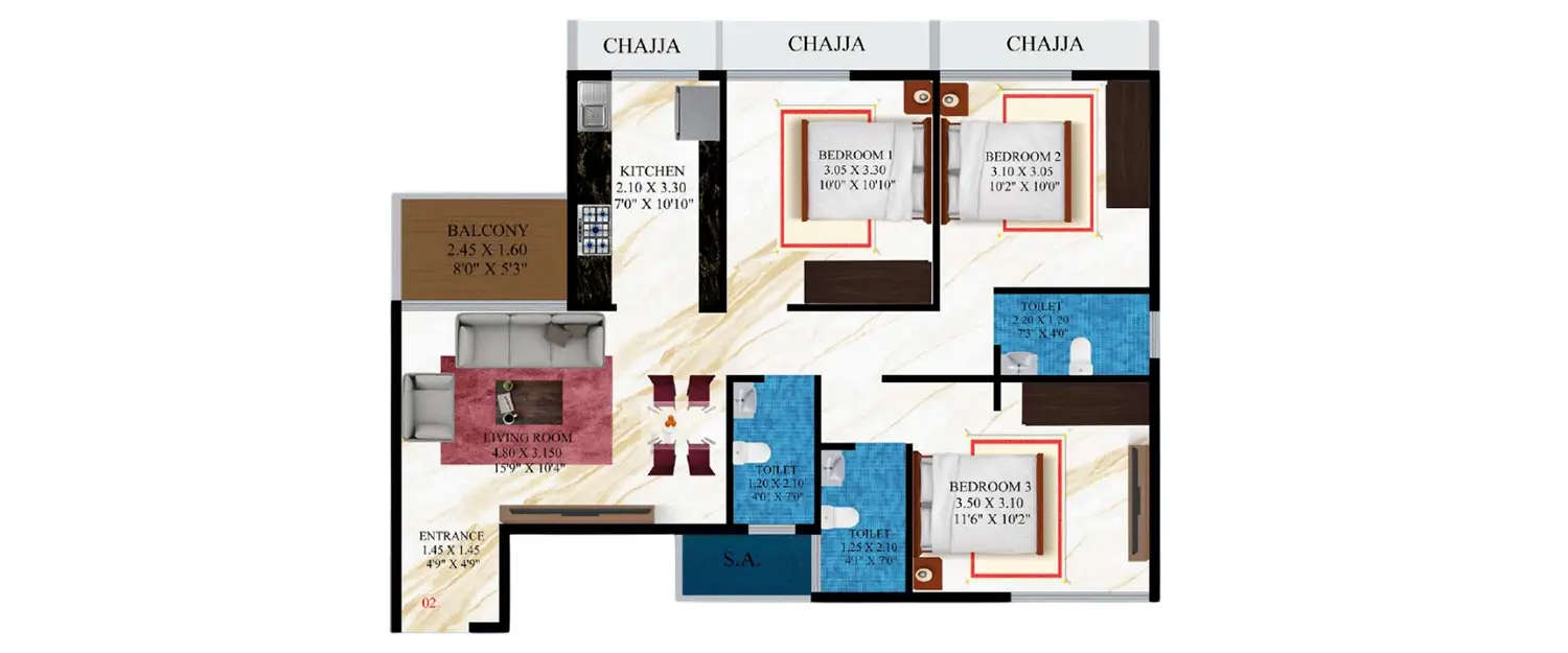Floor plan for 3 BHK
