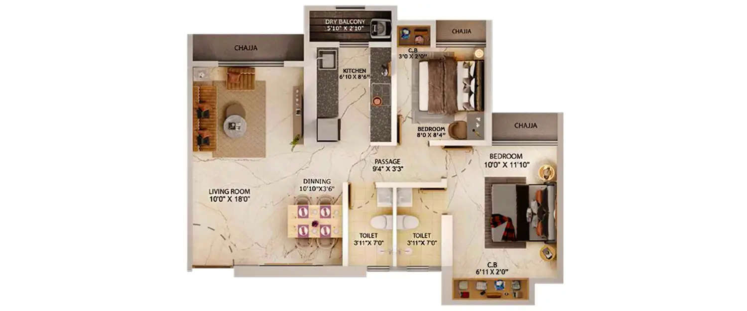 Floor plan for 2 BHK