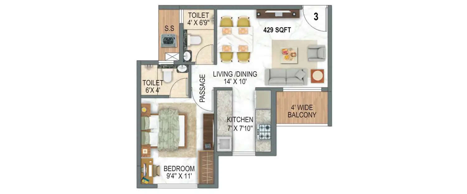 Floor plan for 1 BHK