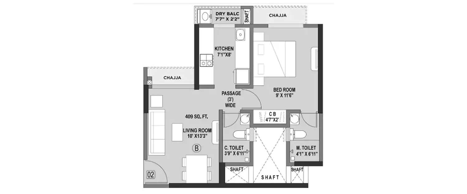 Floor plan for 1 BHK