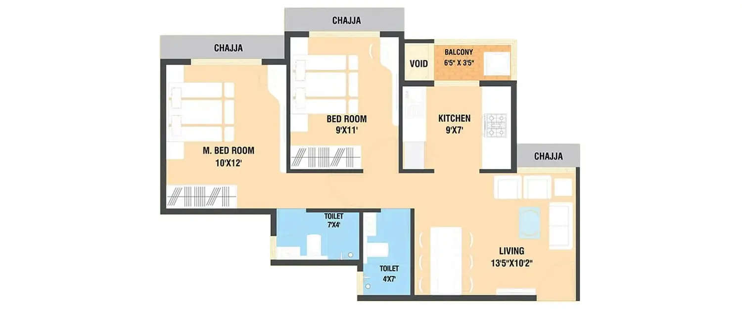 Floor plan for 2 BHK