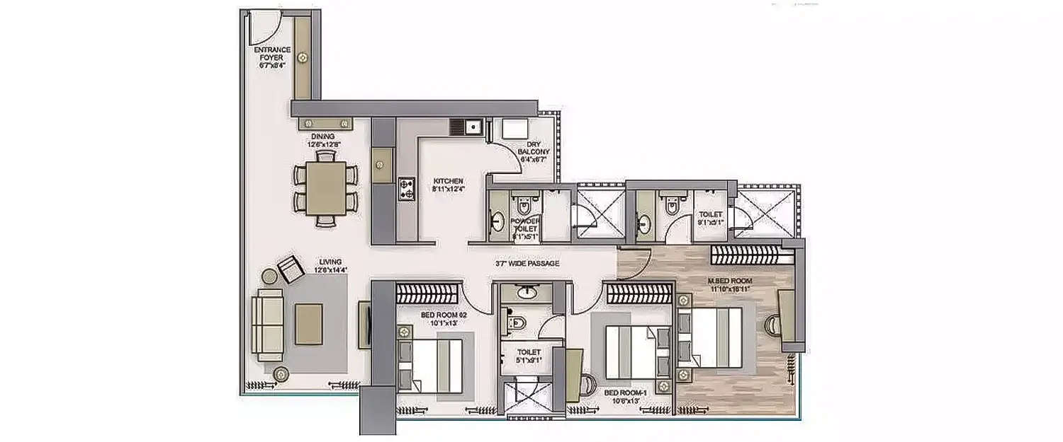 Floor plan for 3 BHK