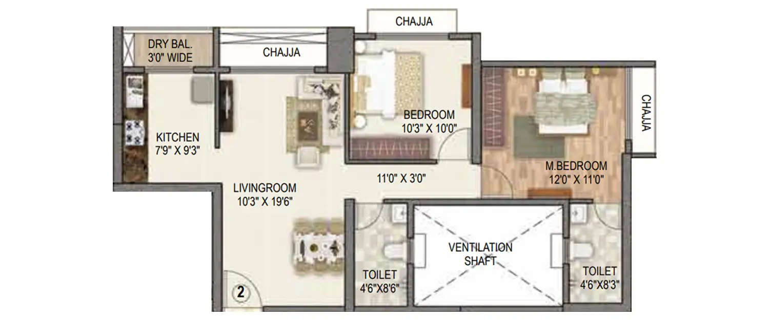 Floor plan for 2 BHK