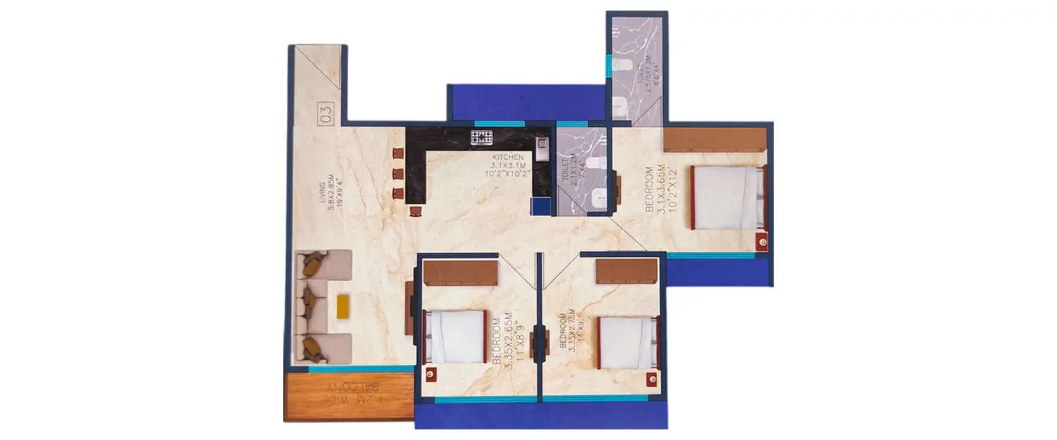 Floor plan for 3 BHK