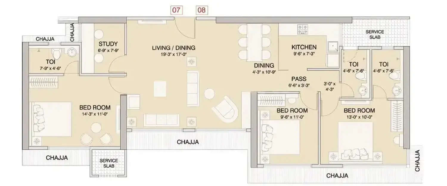 Floor plan for 3 BHK