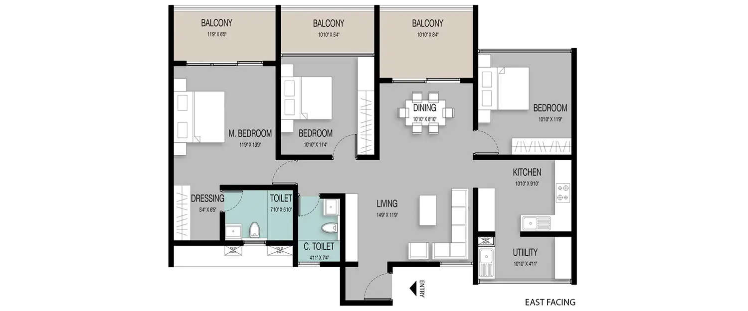 Floor plan for 3 BHK