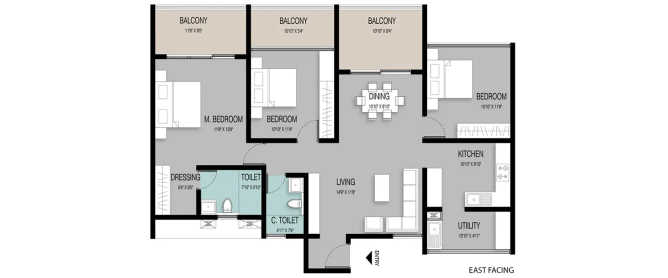 ELV High Garden Whitefield - Floor plan 3 BHK 1373 Sq.ft