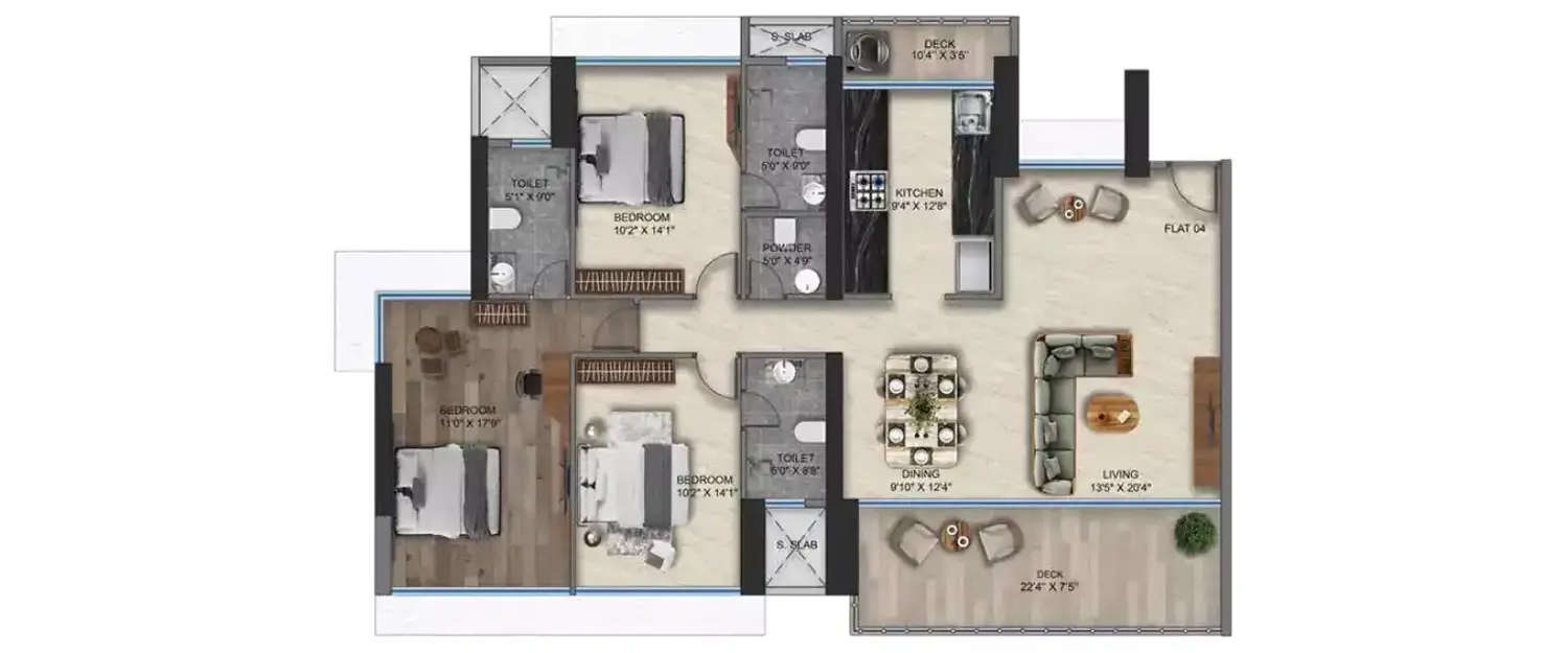 Floor plan for 3 BHK