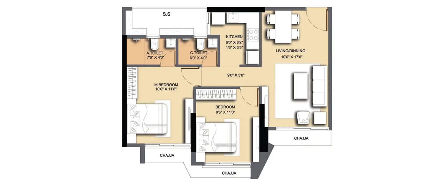 Floor plan for 2 BHK