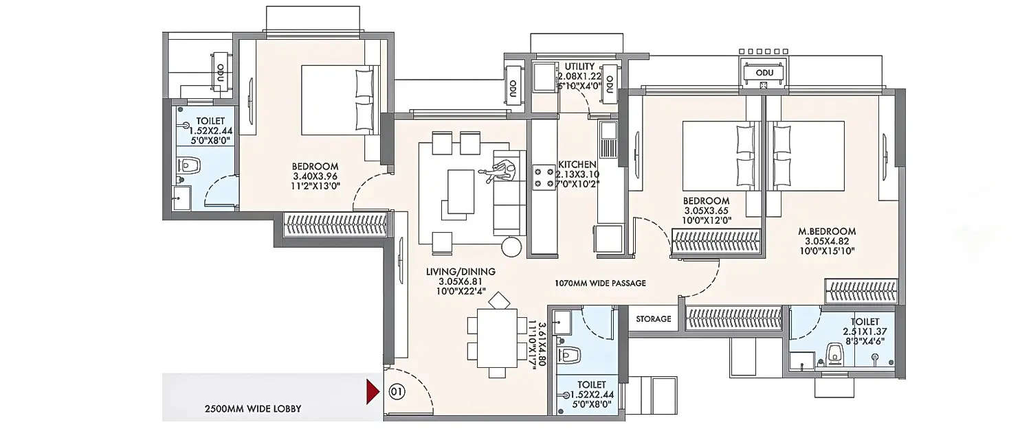 Floor plan for 3 BHK