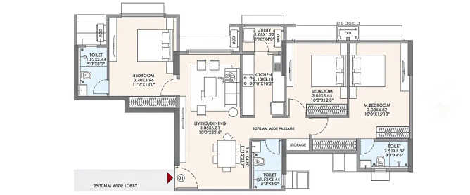 Hubtown Seasons Chembur - Floor plan 3 BHK 1175 Sq.ft