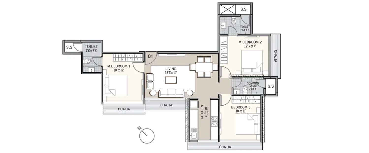 Floor plan for 3 BHK