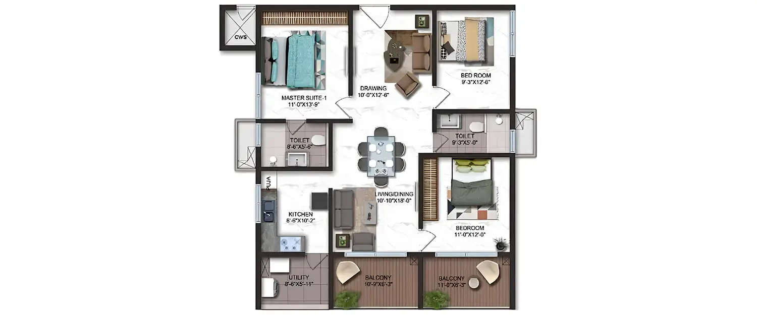 Floor plan for 3 BHK