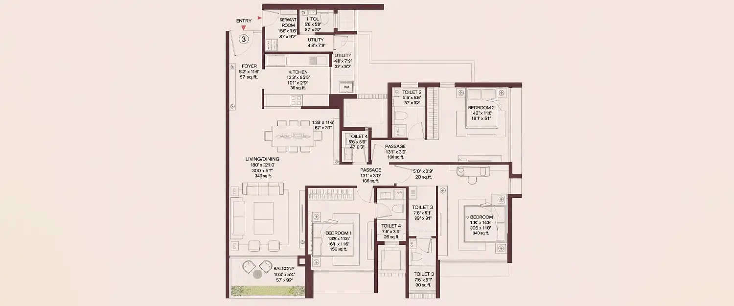 Floor plan for 3 BHK