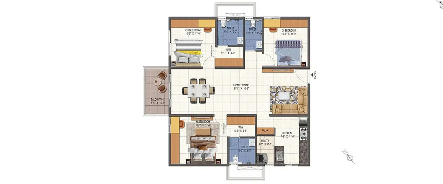 Floor plan for 3 BHK