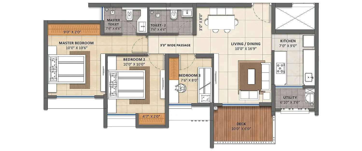Floor plan for 3 BHK