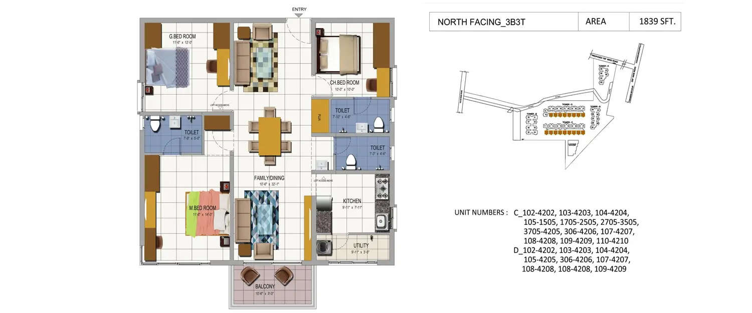Floor plan for 3 BHK
