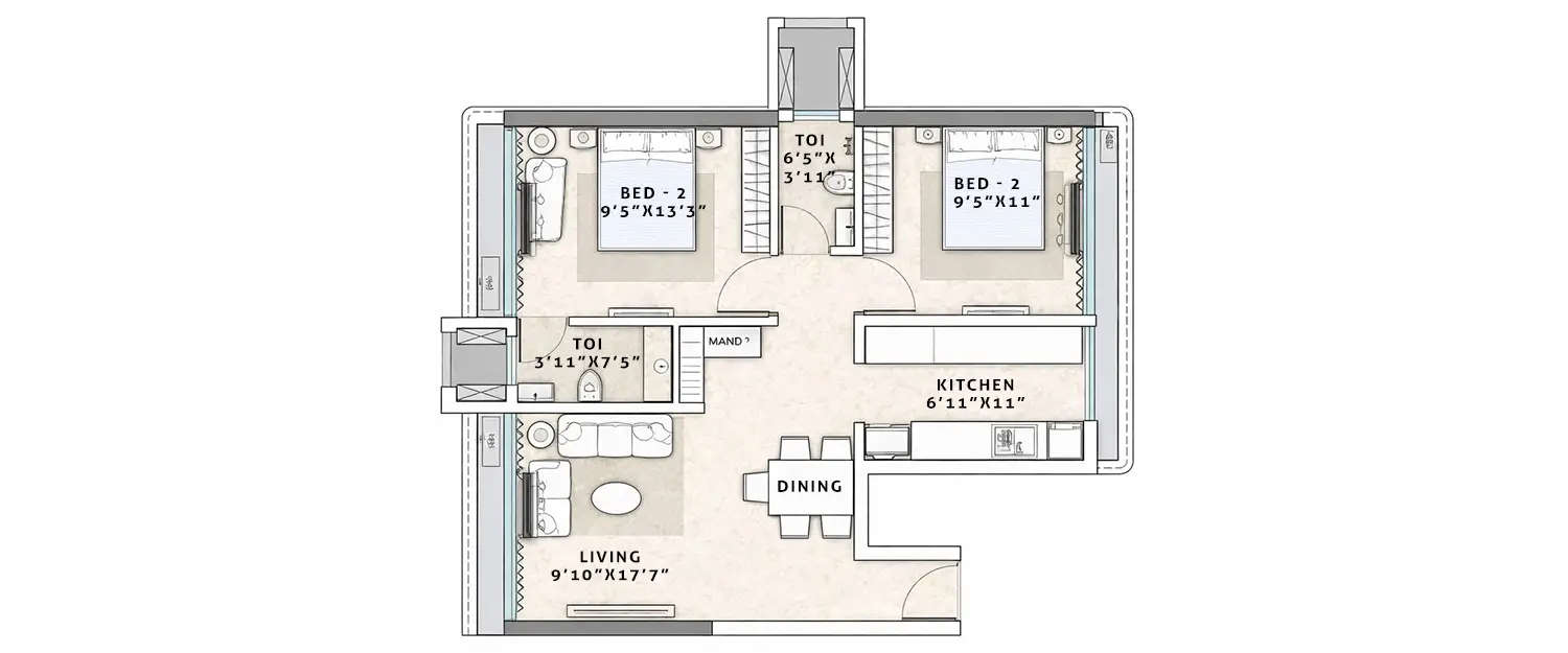 Floor plan for 2 BHK