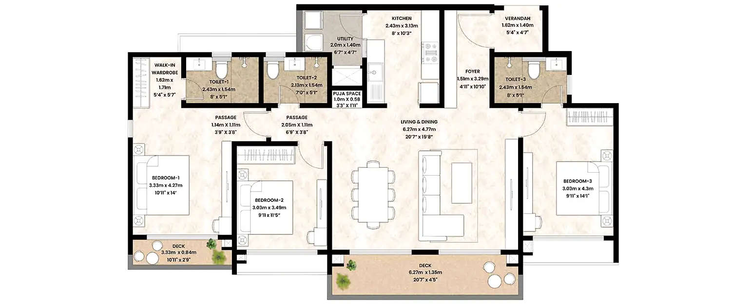 Floor plan for 3 BHK