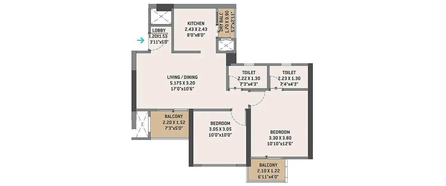 Floor plan for 2 BHK
