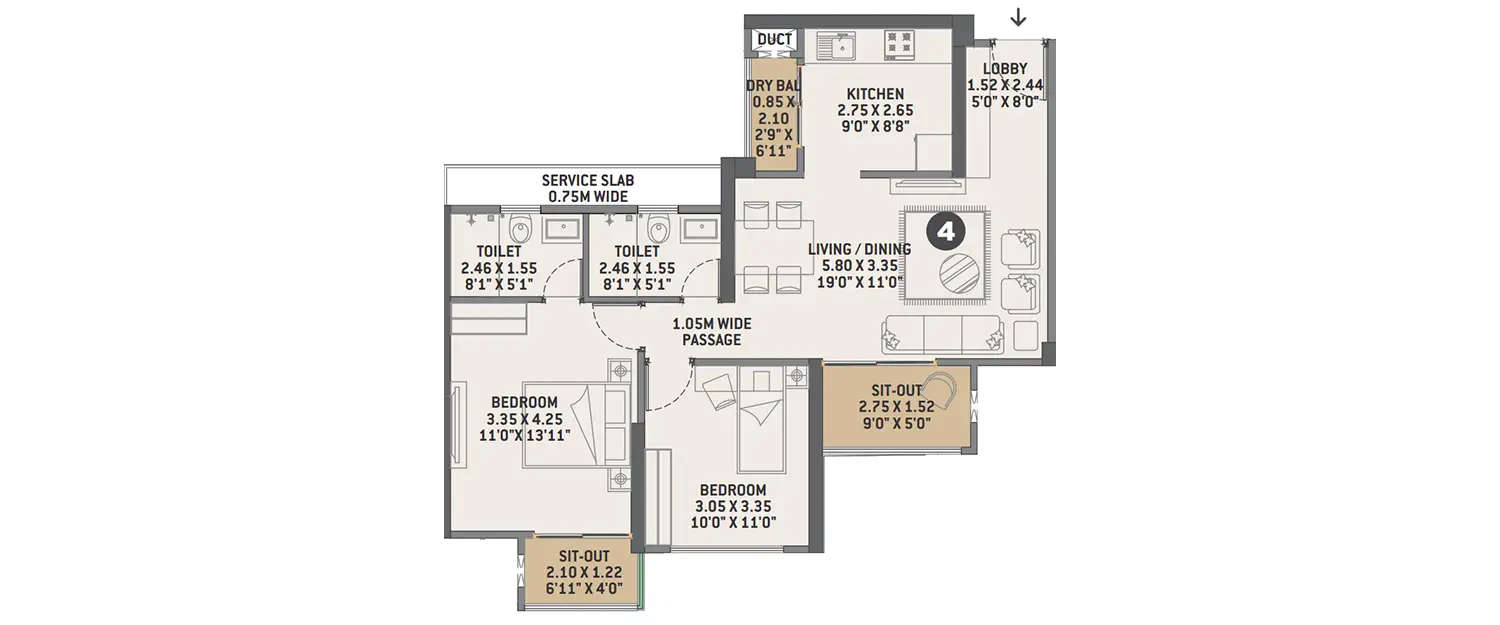 Floor plan for 2 BHK