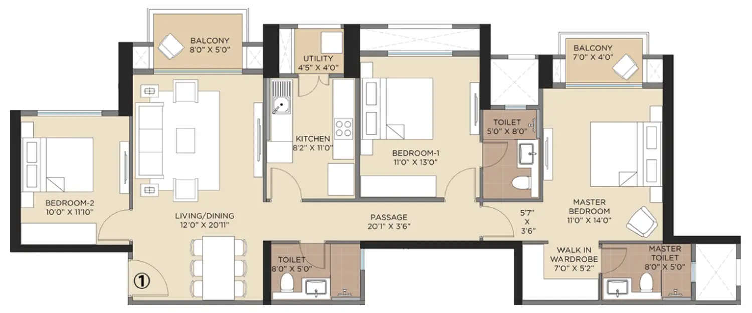 Floor plan for 3 BHK
