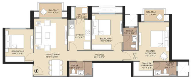 Hiranandani Fortune City Panvel - Floor plan 3 BHK 1149 Sq.ft