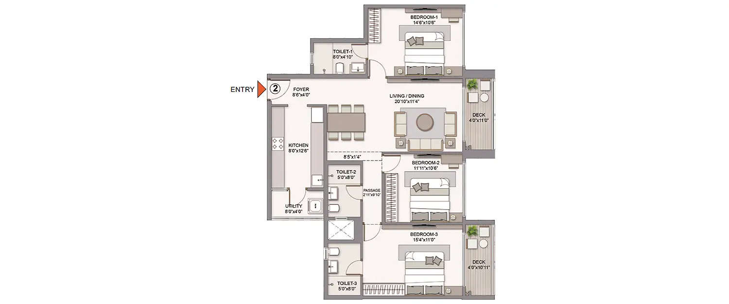 Floor plan for 3 BHK