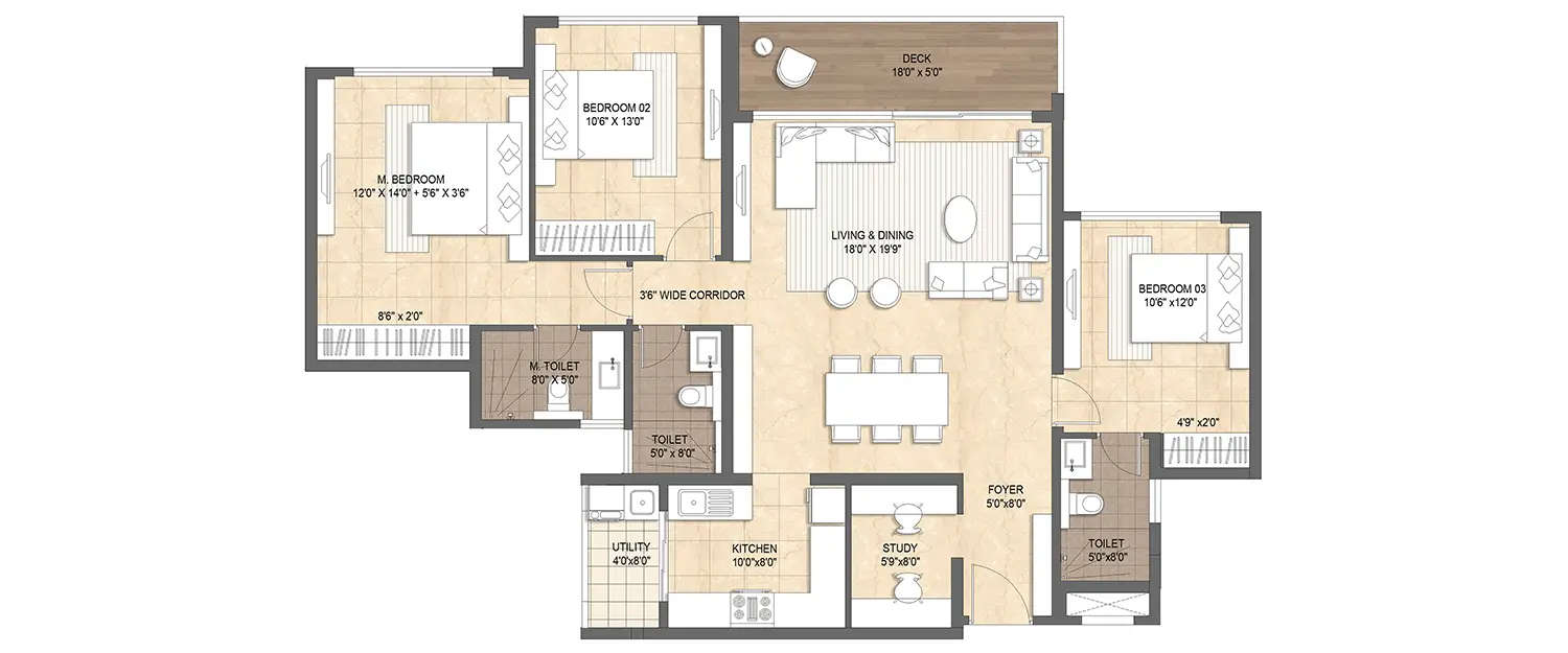Floor plan for 3 BHK